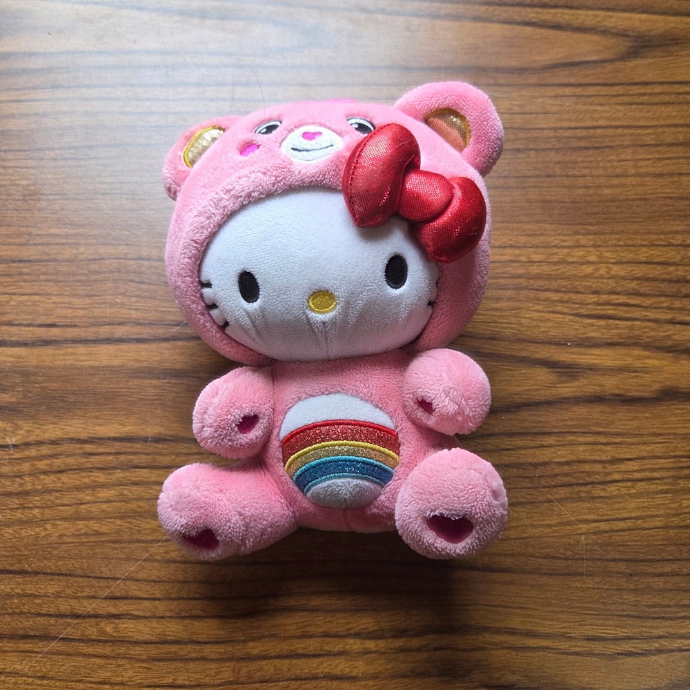 Hello Kitty x Care Bears Cheer Bear Pink Rainbow Plush Sanrio Toy 7 Inch